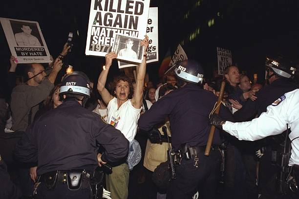 UNITED STATES - OCTOBER 19:  Demonstrators protest hate killing of gay student Matthew Shepard.  (Photo by Andrew Savulich/NY Daily News Archive via Getty Images)